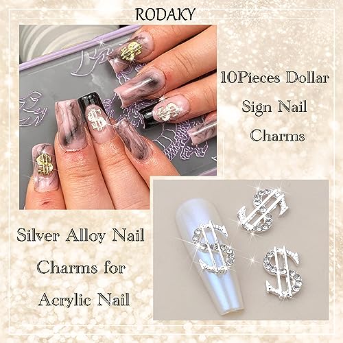 RODAKY 10PCS Silver Dollar Sign Nail Charms 3D Rhinestone Gems