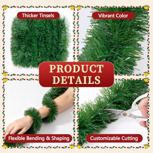 200FT Green Christmas Garland Decorations - 4 Pack, Indoor Outdoor PET