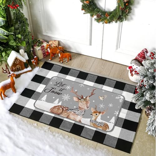 Christmas Doormat Set with Reindeer & Buffalo Plaid Layered Entry Rugs - Let It Snow Variation