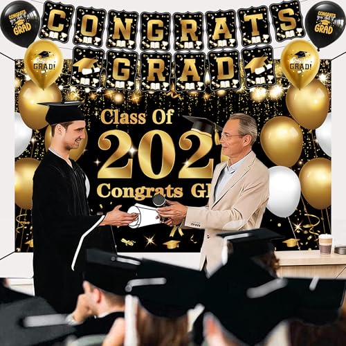 Black and Gold Class of 2026 Graduation Party Decorations Set (25 Pieces)