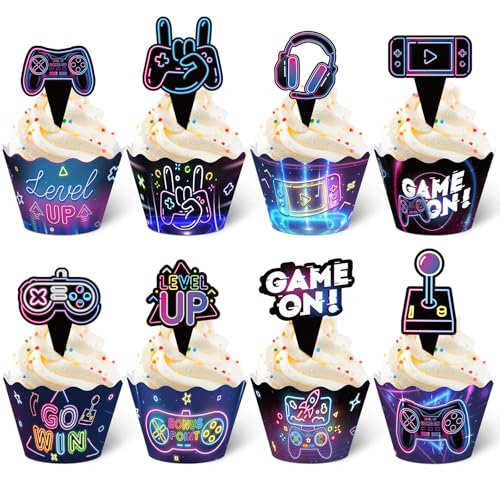 96 Pcs Neon Video Game Cupcake Toppers and Wrappers Party Set