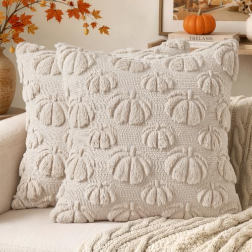 MIULEE Fall Pumpkin Throw Pillow Covers, 18x18 Inch Beige Set of 2