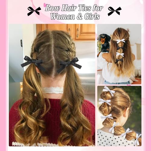 Auseibeely 12PCS Silk Satin Hair Bows Ponytail Holders Black White