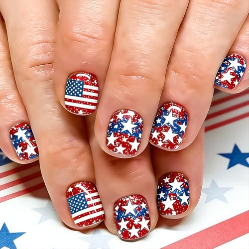 American Flag Press On Nails Patriotic Short Fake Nails Red White Blue