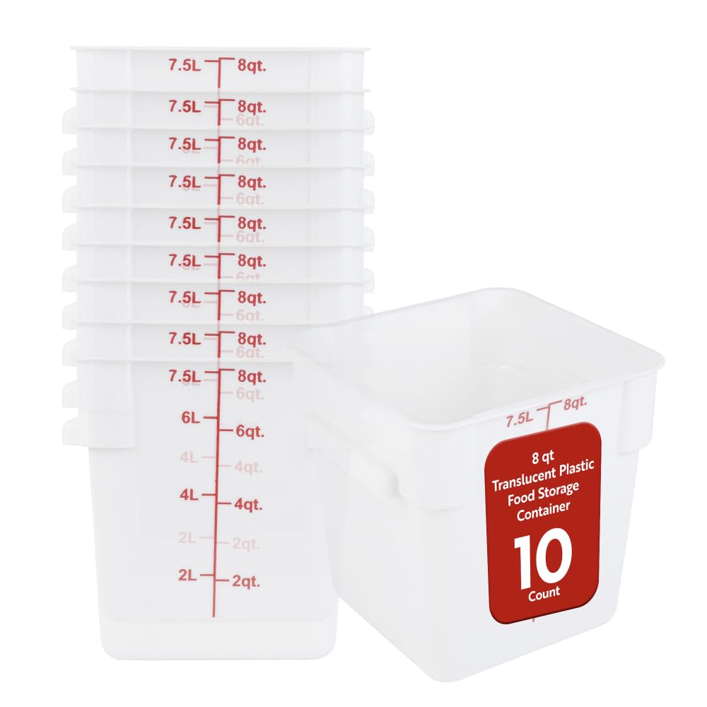 Restaurantware Food Storage Container 10 Pack of 8 qt Plastic Kitchen Storage Bin with Volume Markers Space-Efficient Design Dishwasher-Safe Polypropylene Translucent