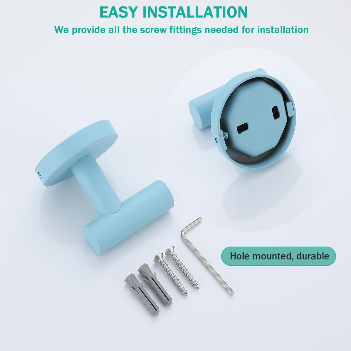 SEABEFORE Towel Hooks for Bathrooms,Clear Sky Blue Wall Mount Hooks SUS 304 Stainless Steel Coat Hook Robe Hook Towel Hook 2 Count for Kitchen,Bedroom (Drilling),SE96006-8CKB