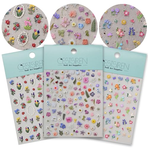 CESTSIREN Floral Nail Art Stickers, Colorful Spring Flower Decals 3 Sheets