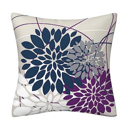Navy Blue & Purple Dahlia Floral Throw Pillow Covers, 16 x 16 Inch, Set of 2