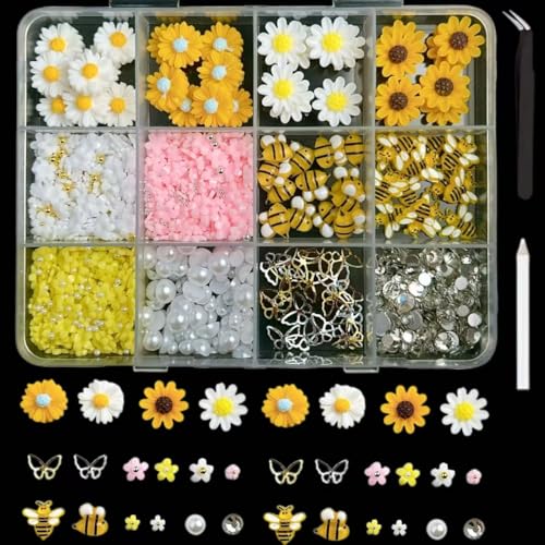 FINGCRO 600PCS 3D Nail Charms and Gems for Y2K Nail Art Design Daisy Flowers