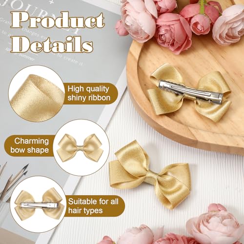 Aphumedc 2PCS Glitter Hair Bows Clips - 3 Inch Gold Tiny Bow Barrettes for Girls Toddlers
