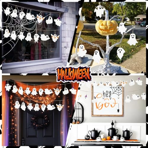 ZRETHFB 20Pcs Wooden Halloween Ghost Hanging Ornaments with Hemp Rope