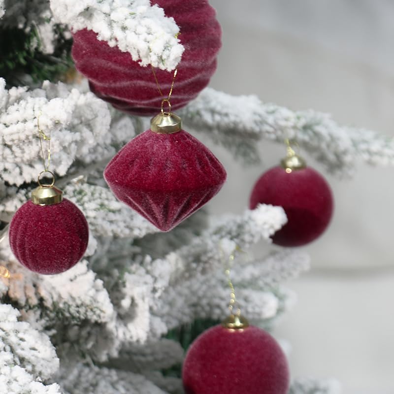 Super Holiday Velvet Christmas Ornaments Set - 35PCS Flocked Shatterproof Hanging Decorations | Burgundy