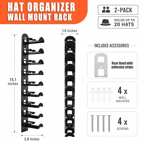 Hat Organizer Rack - 2 Pack Wall Mounted Baseball Cap Storage