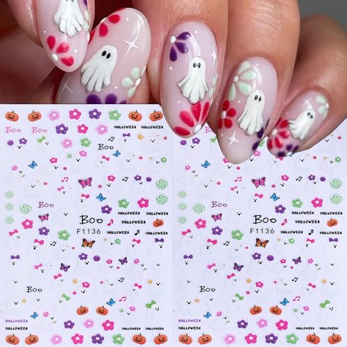 KAICCOSO 6-Sheet Halloween Nail Stickers Self-Adhesive Cat Ghost Pumpkin Decals