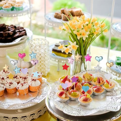 40 Pcs Colorful Heart and Star Cupcake Toppers for Parties