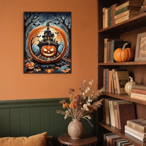 Halloween Diamond Painting Kit for Adults, Pumpkin Castle 5D Full Drill Gem Art