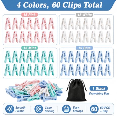 RAINFLOW 60-Pack Colorful Plastic Clothespins with Storage Bag