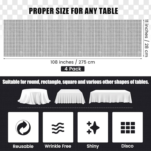 Aneco Silver Disco Party Table Runner 11x108 Inch Glitter Foil Decor