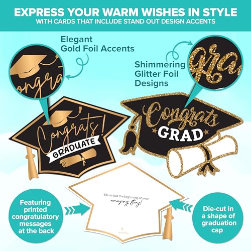 Graduation Card Set 20 Pack | 6.5x4.5in with Gold Foil & Glitter Designs