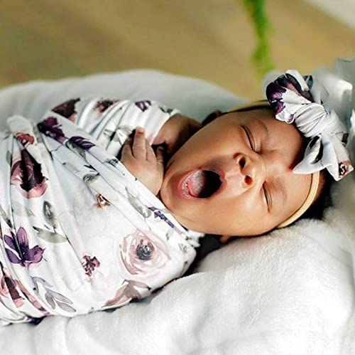 Purple Floral Newborn Swaddle Blanket and Matching Headband Set