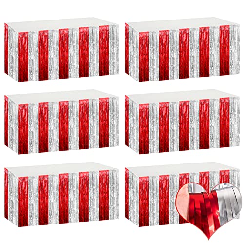 6 Pack Metallic Foil Fringe Table Skirts for Party Decorations - Silver & Red