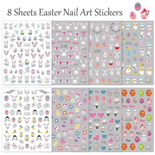 8 Sheets Bunny Nail Decals - 3D Self Adhesive Easter Nail Stickers