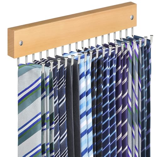 Lomrsiul Wall Mounted Tie and Belt Organizer, Natural Wood, 18-Hook Swivel