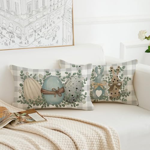 Easter Pillow Covers 12x20 (Set of 2) with Bunny & Eucalyptus Design