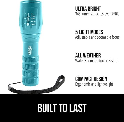 GORILLA GRIP LED Tactical Flashlight - 750 FT High Lumens, 5 Adjustable Modes, Water Resistant, Mini Size, Turquoise