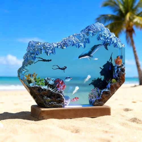 Drawelry Handmade Ocean Resin Lamp with Whale Diorama - Marine Underwater Decor, USB Powered, Coral Reef & Fish Scene for Bedroom & Desk - Whale Variation