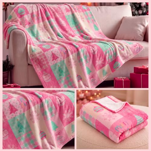 Pink Christmas Throw Blanket - Soft Flannel Holiday Decor for Couch & Bed