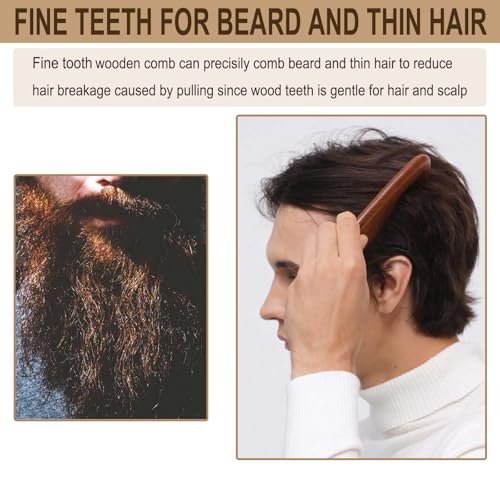 Wooden Beard Comb for Men Fine Tooth Peachwood Grooming Comb with Pouch
