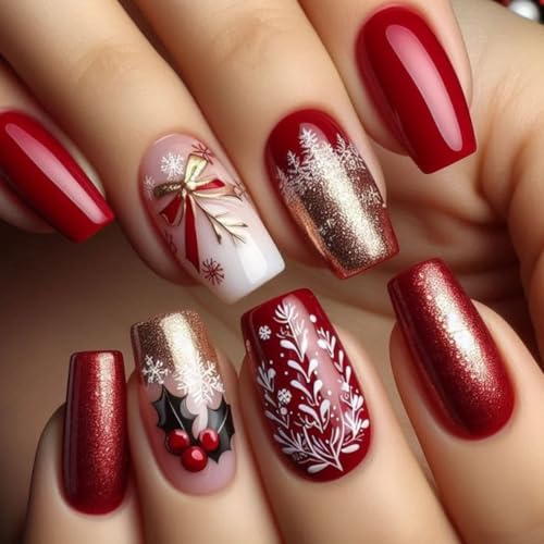 BABALAL Red Christmas Press on Nails Medium Square Gold Glitter False Nails