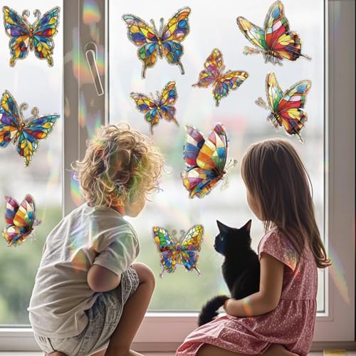 FCZon Star Butterfly Window Decals for Bird Safety, Rainbow Reflection Sun Catcher Stickers, 20pcs