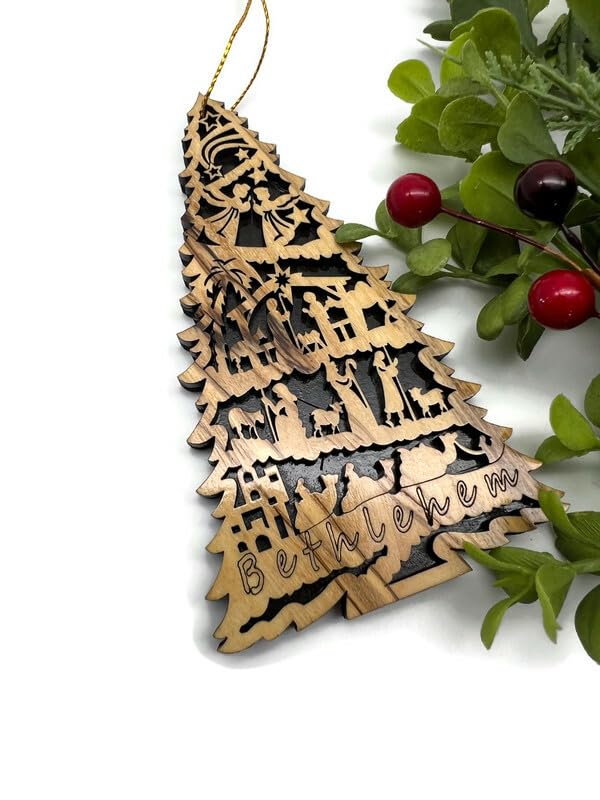 Set of 3 4.75-Inch Olive Wood Nativity Christmas Ornaments - Holy Land Carved Religious Keepsakes