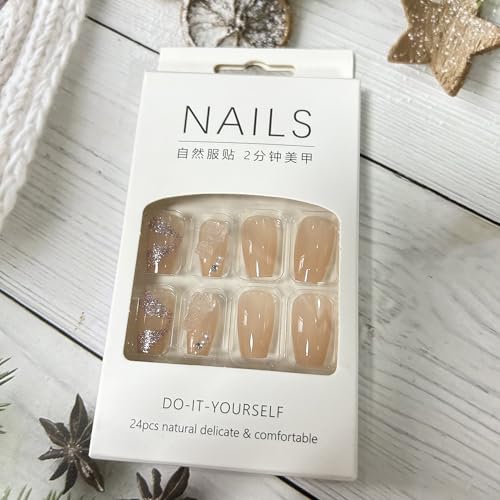 Press on Nails Medium Coffin Nude French Camellia Pearl False Nails