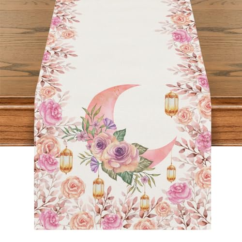 Ramadan Mubarak Table Runner, 13x72 Inch Linen, Moon & Star Design