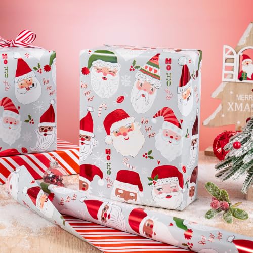 Reversible Christmas Wrapping Paper Roll Ho Santa & Stripe - Mini 17 in x 16.4 ft