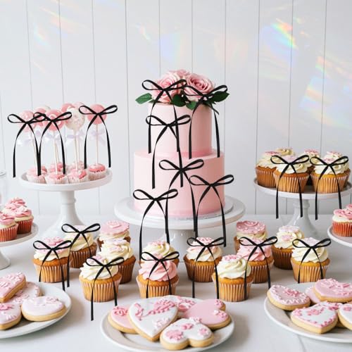 30 PCS Black Satin Ribbon Bow Cake Toppers, Pre-Tied Coquette Aesthetic Cupcake Decorations for Weddings and Birthdays