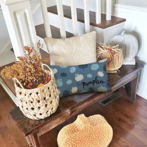 Dark Blue Pumpkins Fall Pillow Cover 12x20 Inch Autumn Decor