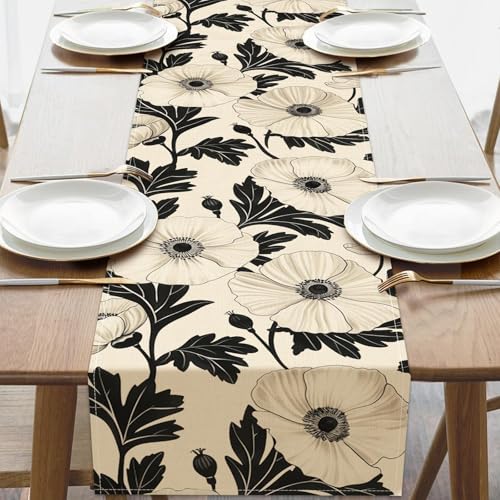 Vintage Black White Poppy Flower Table Runner - 13x72 Inches
