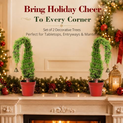 Whimsical Bent Top Mini Christmas Tree with Bell Ornament - Potted Holiday Decor