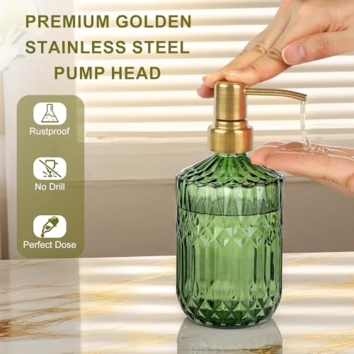 Elegant Green Glass Soap Dispenser with Rust-Proof Pump - 15.4 Oz