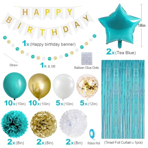 Teal and Gold Birthday Party Decoration Kit with Banner, Balloons, and Fringe