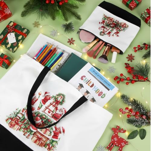 Christmas Canvas Tote and Makeup Bag Set - Snowman & Tree Design - 12 Pcs