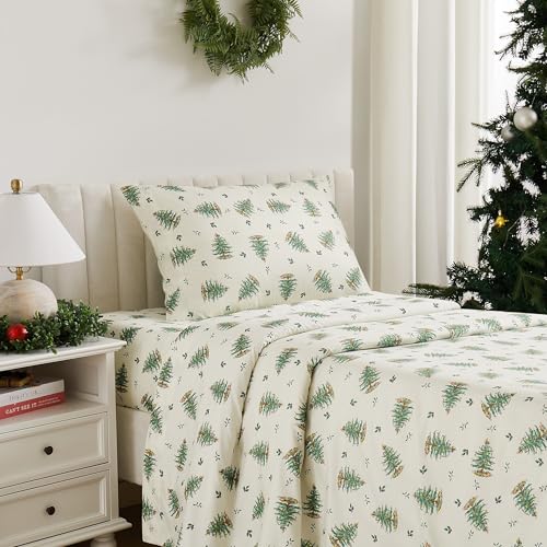 Spode - King Sheets, Cozy 4-Piece Set with Matching Pillowcases, Holiday Room Decor Christmas Tree Ivory, King