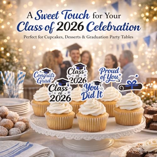 ALISSAR Blue Graduation Cupcake Toppers 36-Pack Class of 2026 Decorations