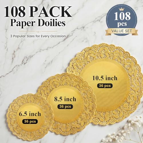 HAKSEN 108PCS Gold Paper Lace Doilies, 6.5-8.5-10.5 Inch Set