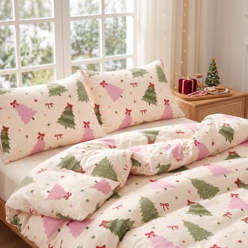 Pink Green Christmas Tree Queen Comforter Set with Pillowcases - Festive Bedding