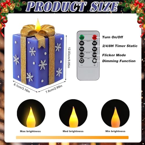 Blue Flameless Gift Box Candle with Remote Timer - Hand-Painted Christmas Decor